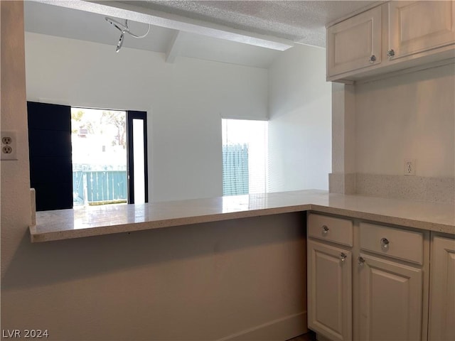 kitchen featuring a healthy amount of sunlight, kitchen peninsula, and a textured ceiling