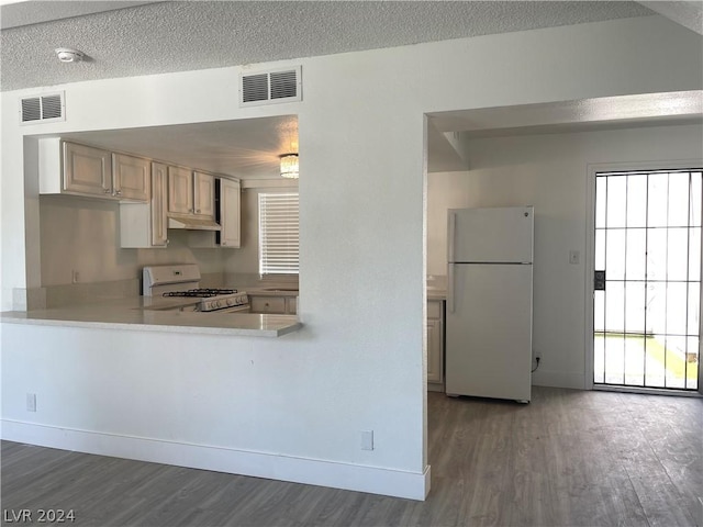 kitchen featuring dark hardwood / wood-style flooring, a textured ceiling, and white appliances