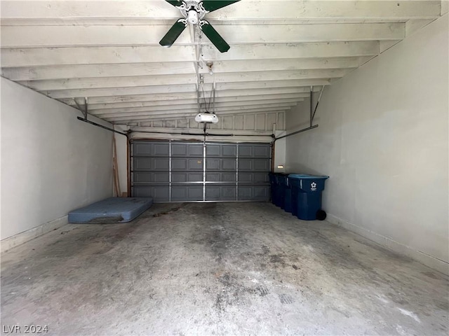 garage with a garage door opener and ceiling fan