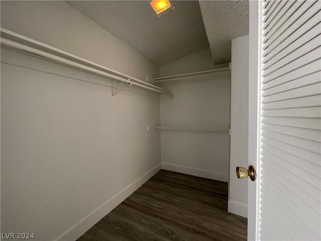 spacious closet with dark wood-type flooring and lofted ceiling