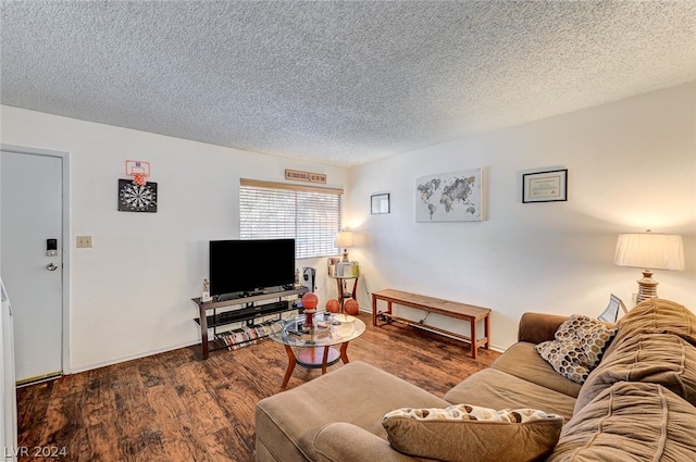 living room featuring a textured ceiling and hardwood / wood-style flooring