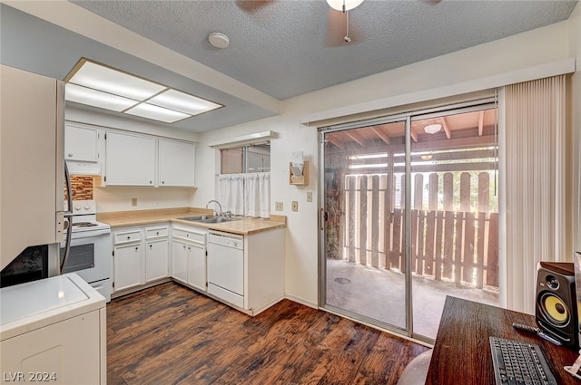 kitchen featuring ceiling fan, dark hardwood / wood-style flooring, white cabinets, white appliances, and sink