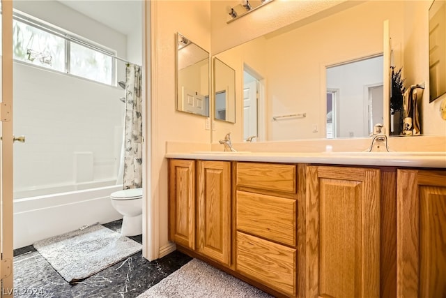 full bathroom featuring toilet, tile patterned floors, double sink vanity, and shower / bath combination with curtain