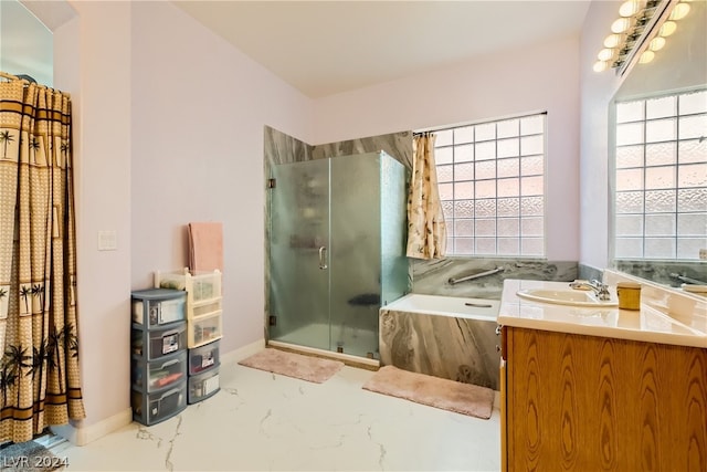 bathroom featuring tile patterned flooring, vanity, and an enclosed shower