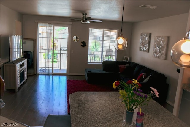 living room with dark hardwood / wood-style flooring and ceiling fan