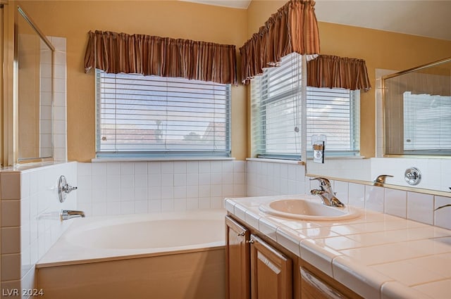 bathroom with vanity, a bathtub, and a wealth of natural light