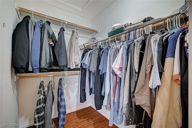 walk in closet with wood-type flooring