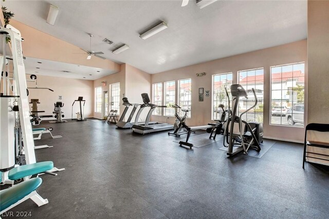 exercise room featuring lofted ceiling and ceiling fan