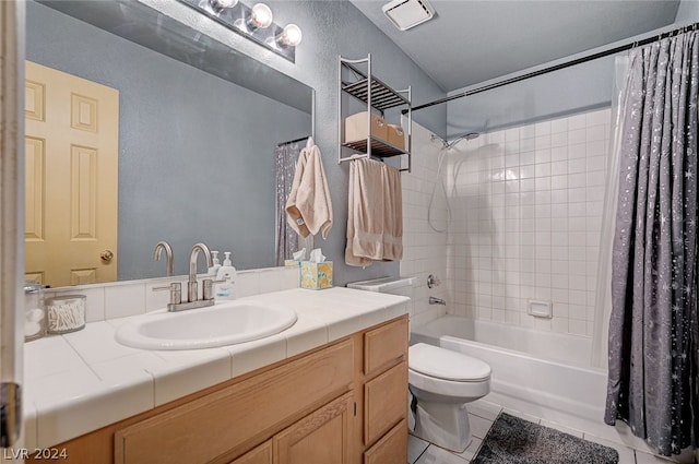 full bathroom featuring vanity, tile patterned flooring, toilet, and shower / bathtub combination with curtain