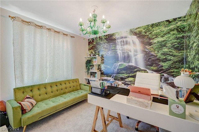 carpeted office space featuring an inviting chandelier