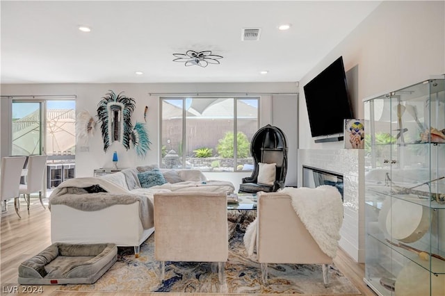 living room with light hardwood / wood-style flooring