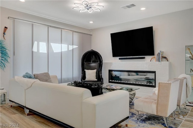 living room featuring a fireplace and light hardwood / wood-style flooring