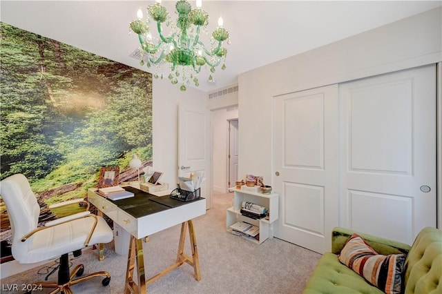 office space with an inviting chandelier and carpet floors