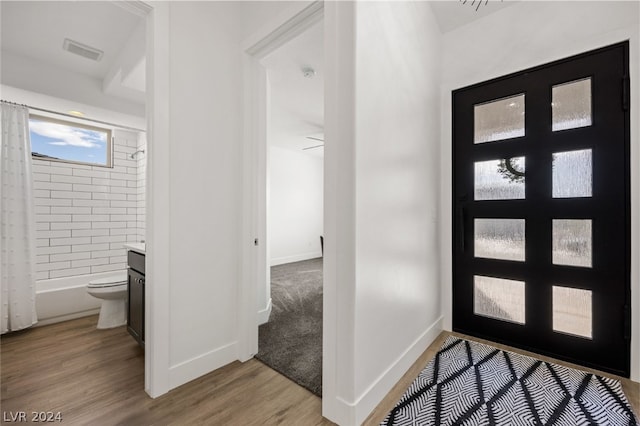 foyer entrance with light hardwood / wood-style flooring