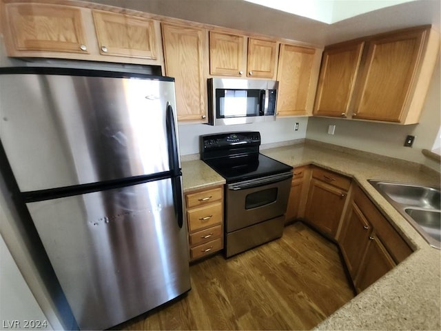 kitchen with sink, stainless steel appliances, and dark hardwood / wood-style floors