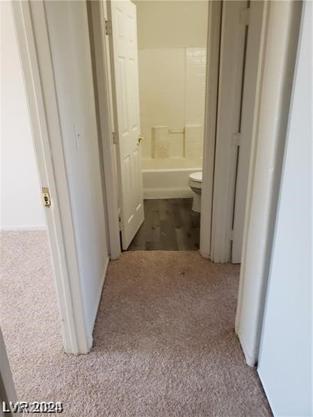 hallway featuring light colored carpet