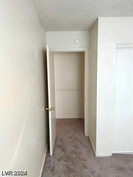 hall with light colored carpet and a textured ceiling