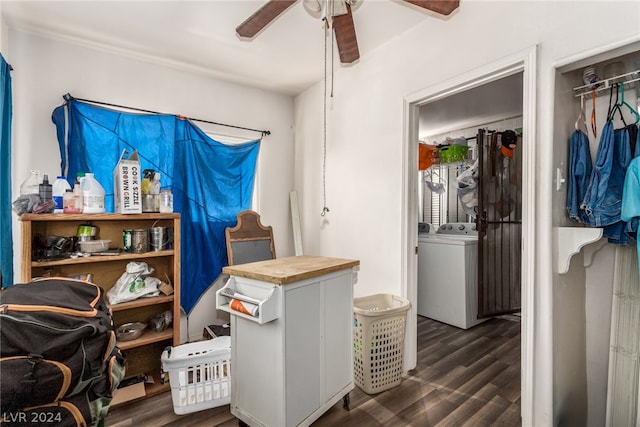 office with washer / dryer, dark wood-type flooring, and ceiling fan