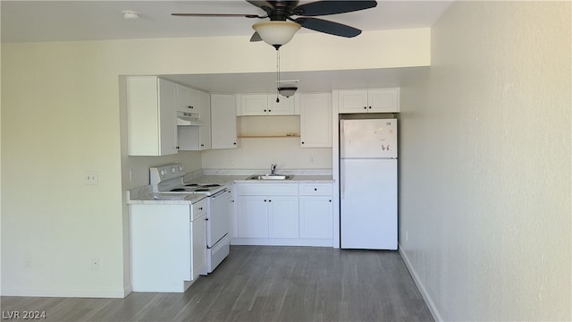 kitchen with white cabinetry, hardwood / wood-style flooring, white appliances, and ceiling fan