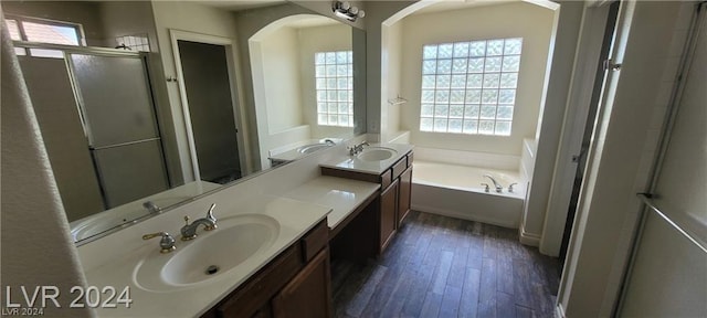 bathroom featuring vanity, hardwood / wood-style floors, plus walk in shower, and a healthy amount of sunlight