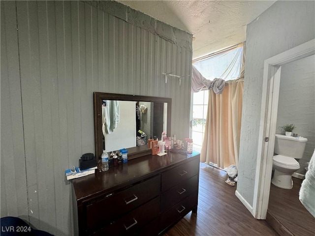 interior space featuring a textured ceiling, vanity, wood finished floors, and toilet