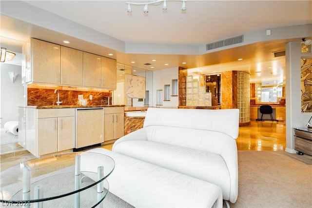 living room featuring light colored carpet, visible vents, and recessed lighting