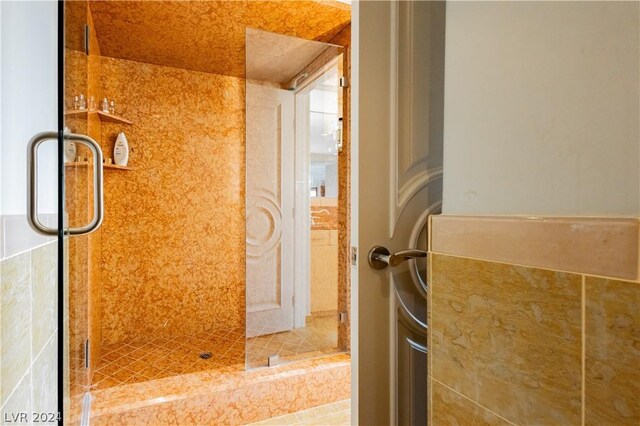 bathroom with a shower with shower door