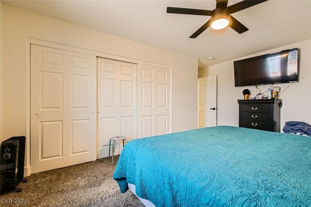 bedroom featuring carpet flooring, ceiling fan, and a closet