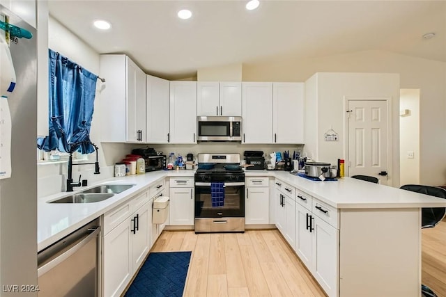 kitchen with sink, stainless steel appliances, lofted ceiling, and light hardwood / wood-style flooring