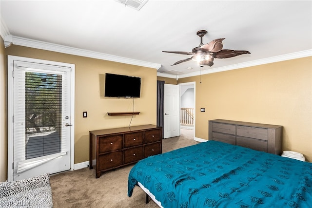 bedroom with light carpet, crown molding, access to exterior, and ceiling fan