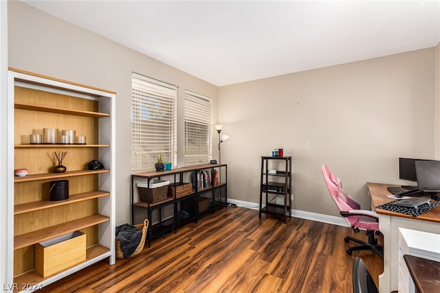 home office with dark hardwood / wood-style floors