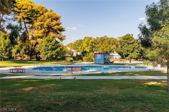 view of pool with a lawn