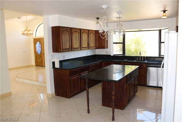 kitchen featuring an inviting chandelier, sink, light tile patterned flooring, a center island, and dishwasher