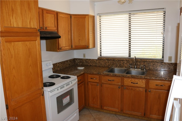 kitchen with sink, a wealth of natural light, electric stove, and light tile patterned flooring