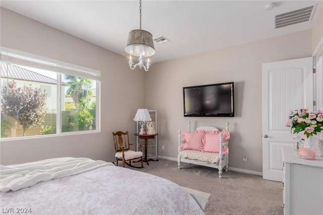 bedroom with visible vents, a notable chandelier, light carpet, and baseboards