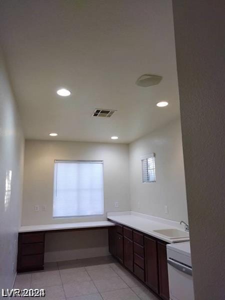 bathroom with visible vents, baseboards, recessed lighting, tile patterned floors, and vanity