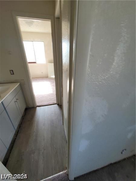 interior space with vanity and hardwood / wood-style floors