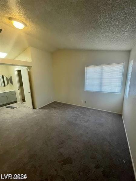 interior space featuring vaulted ceiling, a textured ceiling, and carpet