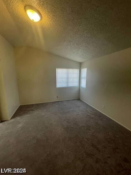 additional living space featuring dark carpet, vaulted ceiling, and a textured ceiling