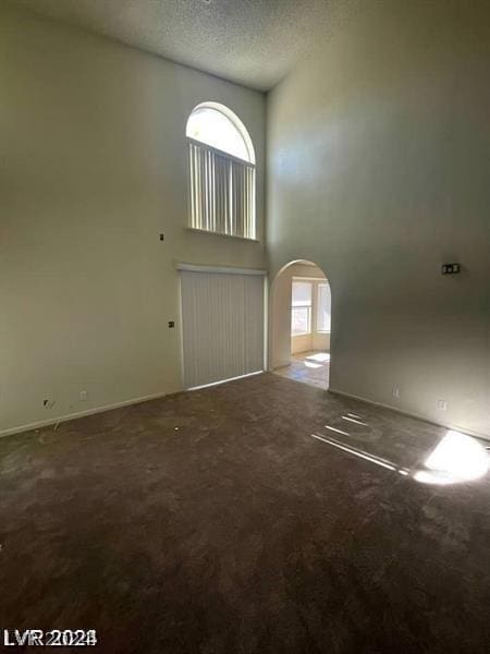 spare room with carpet, a towering ceiling, and a textured ceiling