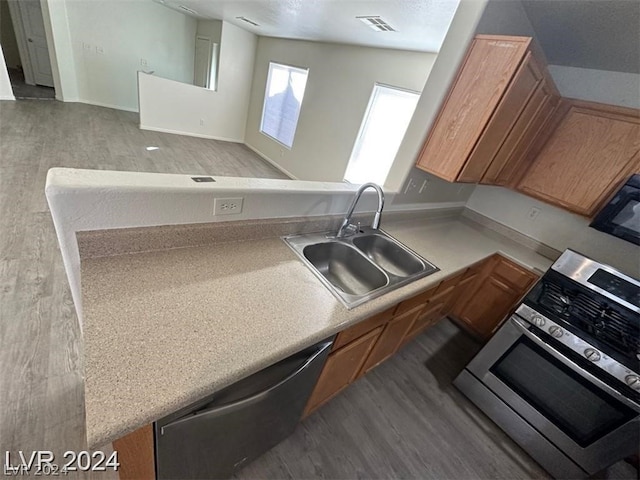 kitchen featuring hardwood / wood-style flooring, dishwasher, stove, and sink