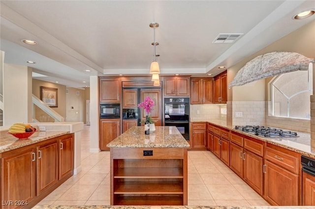 kitchen with visible vents, light tile patterned floors, decorative backsplash, black appliances, and open shelves