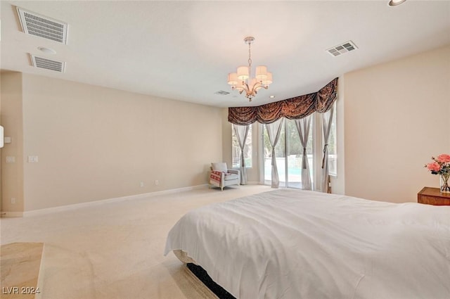 bedroom with an inviting chandelier, access to exterior, and light carpet