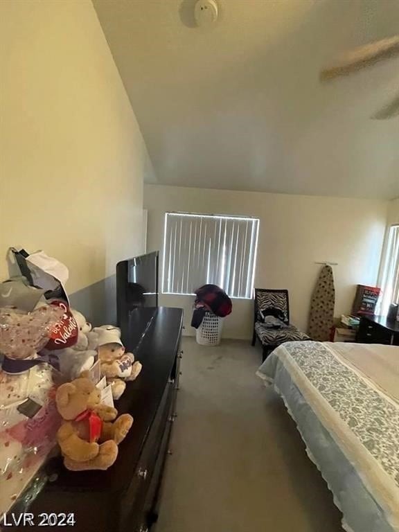 bedroom with lofted ceiling and carpet flooring