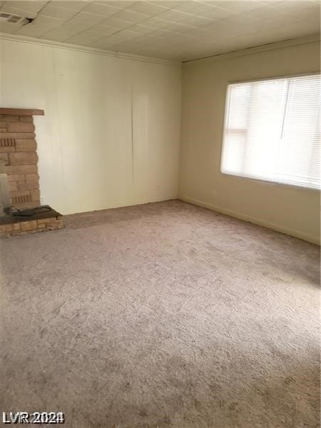 spare room with a fireplace, carpet, ornamental molding, and a wealth of natural light