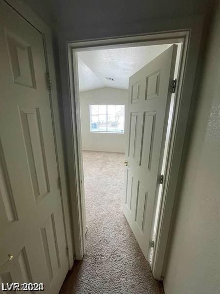 hallway with lofted ceiling, carpet, and a textured ceiling