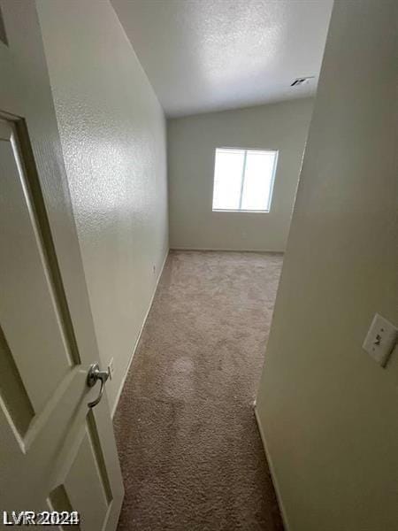 empty room featuring vaulted ceiling, light carpet, and a textured ceiling