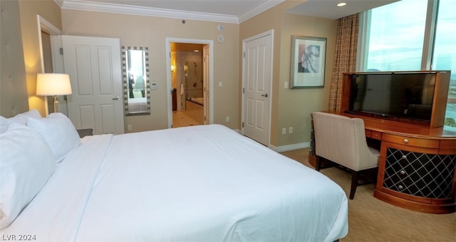 bedroom with crown molding and light colored carpet