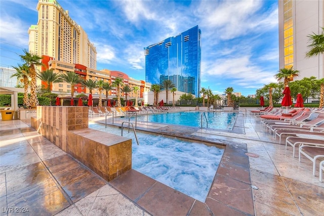 view of swimming pool featuring a patio