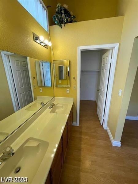 bathroom with wood finished floors, baseboards, and a sink